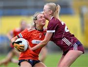 16 July 2025; Aoige Hagan of Armagh is tackled by Molly McGrath of Galway during the LGFA All-Ireland U16 B Championship final match between Armagh and Galway at Glennon Brothers Pearse Park in Longford. Photo by Stephen Marken/Sportsfile