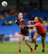 16 July 2025; Grace McGrath of Galway in action against Emma Hart of Armagh during the LGFA All-Ireland U16 B Championship final match between Armagh and Galway at Glennon Brothers Pearse Park in Longford. Photo by Stephen Marken/Sportsfile