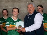 16 July 2025; Lily Riordan of Kerry is presented with the Player of the Match award by LGFA Vice President Robbie Smyth after the LGFA All-Ireland U16 A Championship final match between Kerry and Mayo at MacDonagh Park in Nenagh, Tipperary. Photo by Michael P Ryan/Sportsfile