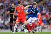 16 July 2025; Ali Coote of Shelbourne in action against Matthew Orr of Linfield during the UEFA Champions League First Qualifying Round second leg match between Linfield and Shelbourne at Clearer Twist National Football Stadium at Windsor Park in Belfast. Photo by Stephen McCarthy/Sportsfile