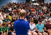 16 July 2025; Leinster Rugby head coach Leo Cullen with participants during a Q&A at the Leinster Rugby School of Excellence camp at The King's Hospital School in Dublin. Photo by Seb Daly/Sportsfile