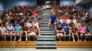 16 July 2025; Leinster Rugby head coach Leo Cullen with participants during a Q&A at the Leinster Rugby School of Excellence camp at The King's Hospital School in Dublin. Photo by Seb Daly/Sportsfile