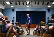 16 July 2025; Leinster Rugby head coach Leo Cullen with participants during a Q&A at the Leinster Rugby School of Excellence camp at The King's Hospital School in Dublin. Photo by Seb Daly/Sportsfile