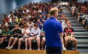 16 July 2025; Leinster Rugby head coach Leo Cullen with participants during a Q&A at the Leinster Rugby School of Excellence camp at The King's Hospital School in Dublin. Photo by Seb Daly/Sportsfile