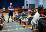 16 July 2025; Leinster Rugby head coach Leo Cullen with participants during a Q&A at the Leinster Rugby School of Excellence camp at The King's Hospital School in Dublin. Photo by Seb Daly/Sportsfile