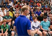 16 July 2025; Leinster Rugby head coach Leo Cullen with participants during a Q&A at the Leinster Rugby School of Excellence camp at The King's Hospital School in Dublin. Photo by Seb Daly/Sportsfile