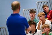 16 July 2025; Leinster Rugby head coach Leo Cullen with participants during a Q&A at the Leinster Rugby School of Excellence camp at The King's Hospital School in Dublin. Photo by Seb Daly/Sportsfile