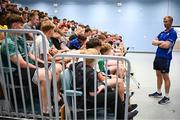 16 July 2025; Leinster Rugby head coach Leo Cullen with participants during a Q&A at the Leinster Rugby School of Excellence camp at The King's Hospital School in Dublin. Photo by Seb Daly/Sportsfile