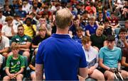 16 July 2025; Leinster Rugby head coach Leo Cullen with participants during a Q&A at the Leinster Rugby School of Excellence camp at The King's Hospital School in Dublin. Photo by Seb Daly/Sportsfile