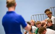 16 July 2025; Leinster Rugby head coach Leo Cullen with participants during a Q&A at the Leinster Rugby School of Excellence camp at The King's Hospital School in Dublin. Photo by Seb Daly/Sportsfile