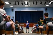 16 July 2025; Leinster Rugby head coach Leo Cullen with participants during a Q&A at the Leinster Rugby School of Excellence camp at The King's Hospital School in Dublin. Photo by Seb Daly/Sportsfile