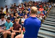 16 July 2025; Leinster Rugby head coach Leo Cullen with participants during a Q&A at the Leinster Rugby School of Excellence camp at The King's Hospital School in Dublin. Photo by Seb Daly/Sportsfile