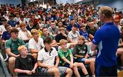 16 July 2025; Leinster Rugby head coach Leo Cullen with participants during a Q&A at the Leinster Rugby School of Excellence camp at The King's Hospital School in Dublin. Photo by Seb Daly/Sportsfile