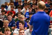 16 July 2025; Leinster Rugby head coach Leo Cullen with participants during a Q&A at the Leinster Rugby School of Excellence camp at The King's Hospital School in Dublin. Photo by Seb Daly/Sportsfile