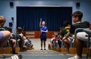 16 July 2025; Leinster Rugby head coach Leo Cullen with participants during a Q&A at the Leinster Rugby School of Excellence camp at The King's Hospital School in Dublin. Photo by Seb Daly/Sportsfile