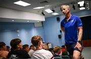 16 July 2025; Leinster Rugby head coach Leo Cullen with participants during a Q&A at the Leinster Rugby School of Excellence camp at The King's Hospital School in Dublin. Photo by Seb Daly/Sportsfile