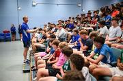 16 July 2025; Leinster Rugby head coach Leo Cullen with participants during a Q&A at the Leinster Rugby School of Excellence camp at The King's Hospital School in Dublin. Photo by Seb Daly/Sportsfile
