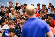 16 July 2025; Leinster Rugby head coach Leo Cullen with participants during a Q&A at the Leinster Rugby School of Excellence camp at The King's Hospital School in Dublin. Photo by Seb Daly/Sportsfile