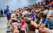 16 July 2025; Leinster Rugby head coach Leo Cullen with participants during a Q&A at the Leinster Rugby School of Excellence camp at The King's Hospital School in Dublin. Photo by Seb Daly/Sportsfile