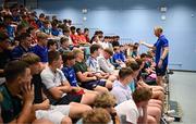 16 July 2025; Leinster Rugby head coach Leo Cullen with participants during a Q&A at the Leinster Rugby School of Excellence camp at The King's Hospital School in Dublin. Photo by Seb Daly/Sportsfile