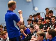 16 July 2025; Leinster Rugby head coach Leo Cullen with participants during a Q&A at the Leinster Rugby School of Excellence camp at The King's Hospital School in Dublin. Photo by Seb Daly/Sportsfile