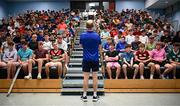16 July 2025; Leinster Rugby head coach Leo Cullen with participants during a Q&A at the Leinster Rugby School of Excellence camp at The King's Hospital School in Dublin. Photo by Seb Daly/Sportsfile