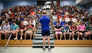 16 July 2025; Leinster Rugby head coach Leo Cullen with participants during a Q&A at the Leinster Rugby School of Excellence camp at The King's Hospital School in Dublin. Photo by Seb Daly/Sportsfile