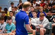 16 July 2025; Leinster Rugby head coach Leo Cullen with participants during a Q&A at the Leinster Rugby School of Excellence camp at The King's Hospital School in Dublin. Photo by Seb Daly/Sportsfile