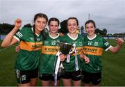 16 July 2025; Kerry players, from left, Doireann O'Neill, Jessie Lynch, Leah Griffin, and Norma Murphy celebrate after the LGFA All-Ireland U16 A Championship final match between Kerry and Mayo at MacDonagh Park in Nenagh, Tipperary. Photo by Michael P Ryan/Sportsfile