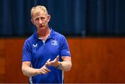 16 July 2025; Leinster Rugby head coach Leo Cullen with participants during a Q&A at the Leinster Rugby School of Excellence camp at The King's Hospital School in Dublin. Photo by Seb Daly/Sportsfile