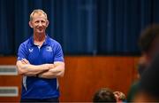 16 July 2025; Leinster Rugby head coach Leo Cullen with participants during a Q&A at the Leinster Rugby School of Excellence camp at The King's Hospital School in Dublin. Photo by Seb Daly/Sportsfile