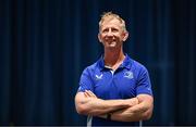 16 July 2025; Leinster Rugby head coach Leo Cullen with participants during a Q&A at the Leinster Rugby School of Excellence camp at The King's Hospital School in Dublin. Photo by Seb Daly/Sportsfile