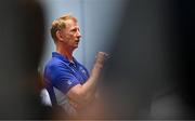 16 July 2025; Leinster Rugby head coach Leo Cullen with participants during a Q&A at the Leinster Rugby School of Excellence camp at The King's Hospital School in Dublin. Photo by Seb Daly/Sportsfile