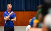 16 July 2025; Leinster Rugby head coach Leo Cullen with participants during a Q&A at the Leinster Rugby School of Excellence camp at The King's Hospital School in Dublin. Photo by Seb Daly/Sportsfile