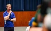 16 July 2025; Leinster Rugby head coach Leo Cullen with participants during a Q&A at the Leinster Rugby School of Excellence camp at The King's Hospital School in Dublin. Photo by Seb Daly/Sportsfile
