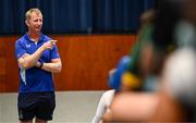 16 July 2025; Leinster Rugby head coach Leo Cullen with participants during a Q&A at the Leinster Rugby School of Excellence camp at The King's Hospital School in Dublin. Photo by Seb Daly/Sportsfile