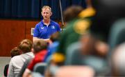 16 July 2025; Leinster Rugby head coach Leo Cullen with participants during a Q&A at the Leinster Rugby School of Excellence camp at The King's Hospital School in Dublin. Photo by Seb Daly/Sportsfile
