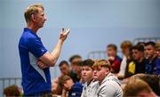 16 July 2025; Leinster Rugby head coach Leo Cullen with participants during a Q&A at the Leinster Rugby School of Excellence camp at The King's Hospital School in Dublin. Photo by Seb Daly/Sportsfile