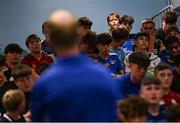 16 July 2025; Leinster Rugby head coach Leo Cullen with participants during a Q&A at the Leinster Rugby School of Excellence camp at The King's Hospital School in Dublin. Photo by Seb Daly/Sportsfile