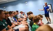 16 July 2025; Leinster Rugby head coach Leo Cullen with participants during a Q&A at the Leinster Rugby School of Excellence camp at The King's Hospital School in Dublin. Photo by Seb Daly/Sportsfile