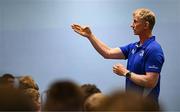 16 July 2025; Leinster Rugby head coach Leo Cullen with participants during a Q&A at the Leinster Rugby School of Excellence camp at The King's Hospital School in Dublin. Photo by Seb Daly/Sportsfile