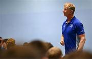 16 July 2025; Leinster Rugby head coach Leo Cullen with participants during a Q&A at the Leinster Rugby School of Excellence camp at The King's Hospital School in Dublin. Photo by Seb Daly/Sportsfile