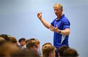 16 July 2025; Leinster Rugby head coach Leo Cullen with participants during a Q&A at the Leinster Rugby School of Excellence camp at The King's Hospital School in Dublin. Photo by Seb Daly/Sportsfile