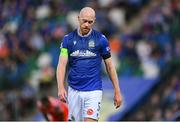 16 July 2025; Chris Shields of Linfield reacts during the UEFA Champions League First Qualifying Round second leg match between Linfield and Shelbourne at Clearer Twist National Football Stadium at Windsor Park in Belfast. Photo by Stephen McCarthy/Sportsfile