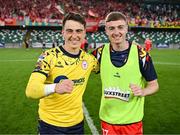 16 July 2025; Lorcan Healy, left, and Daniel Kelly of Shelbourne after their side's victory in the UEFA Champions League First Qualifying Round second leg match between Linfield and Shelbourne at Clearer Twist National Football Stadium at Windsor Park in Belfast. Photo by Stephen McCarthy/Sportsfile