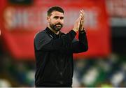 16 July 2025; Linfield manager David Healy after his side's defeat in the UEFA Champions League First Qualifying Round second leg match between Linfield and Shelbourne at Clearer Twist National Football Stadium at Windsor Park in Belfast. Photo by Ben McShane/Sportsfile