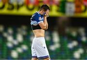 16 July 2025; Josh Archer of Linfield after his side's defeat in the UEFA Champions League First Qualifying Round second leg match between Linfield and Shelbourne at Clearer Twist National Football Stadium at Windsor Park in Belfast. Photo by Ben McShane/Sportsfile