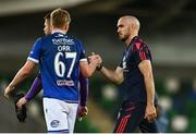 16 July 2025; Shelbourne head coach Joey O'Brien shakes hands with Matthew Orr of Linfield after the UEFA Champions League First Qualifying Round second leg match between Linfield and Shelbourne at Clearer Twist National Football Stadium at Windsor Park in Belfast. Photo by Ben McShane/Sportsfile