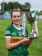 16 July 2025; Kerry captain Leah Griffin with the trophy after the LGFA All-Ireland U16 A Championship final match between Kerry and Mayo at MacDonagh Park in Nenagh, Tipperary. Photo by Michael P Ryan/Sportsfile