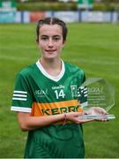 16 July 2025; Lily Riordan of Kerry with the player of the match trophy after the LGFA All-Ireland U16 A Championship final match between Kerry and Mayo at MacDonagh Park in Nenagh, Tipperary. Photo by Michael P Ryan/Sportsfile